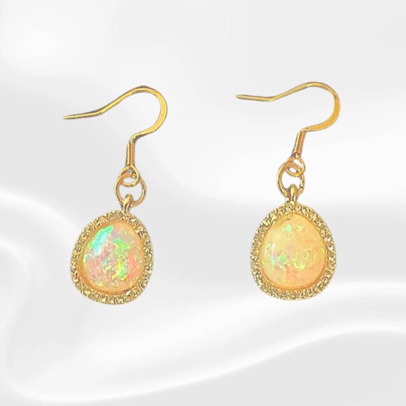 Jewelry - Gold Toned Dangle Earrings with Faux Opal and CZ Halo | Elegant Drop Earrings